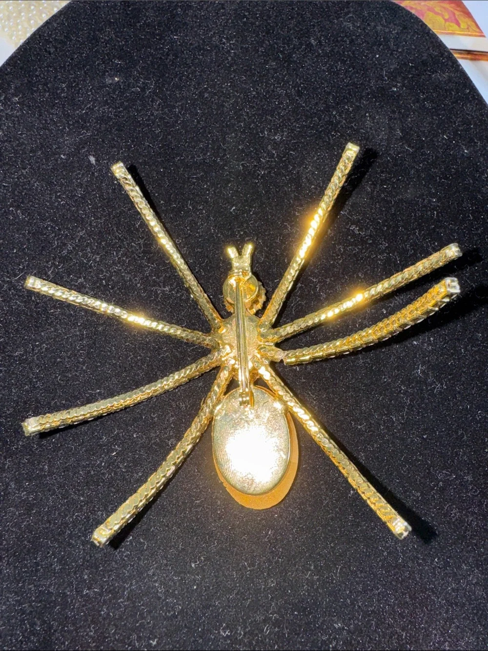 Gold Tone Rhinestone Crystal Spider Brooch Statement Pin Oversized